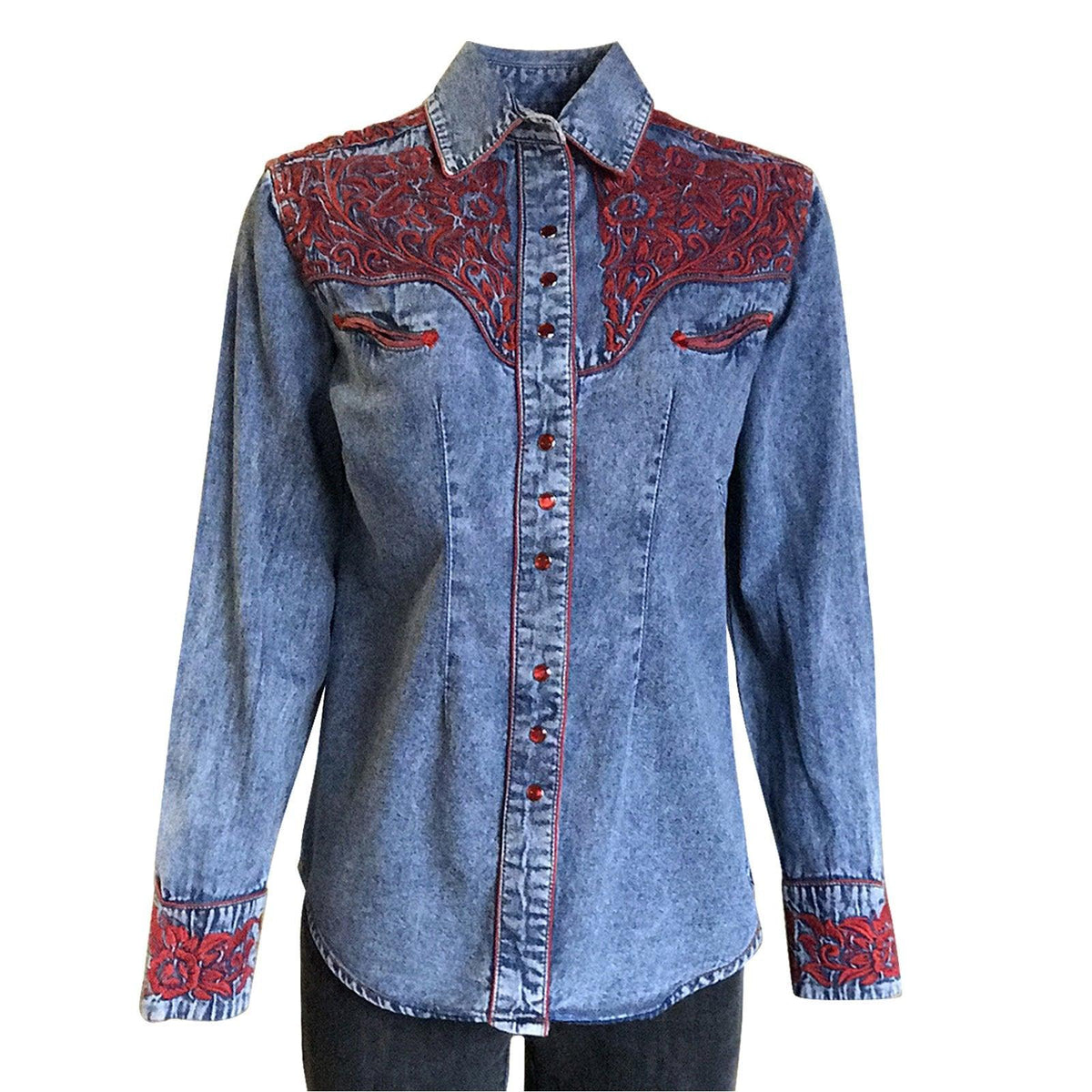 Rockmount Ranch Wear Womens Red Floral Embroidery Denim Shirt - Flyclothing LLC