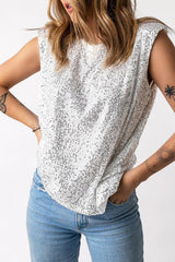 Sequin Round Neck Capped Sleeve Tank - Trendsi