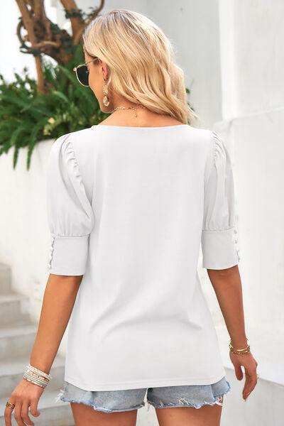 Round Neck Lantern Sleeve Blouse - Trendsi - Flyclothing LLC