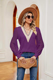 Contrast V-Neck Long Sleeve Blouse - Trendsi - Flyclothing LLC