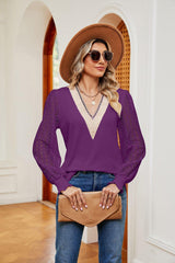 Contrast V-Neck Long Sleeve Blouse - Trendsi