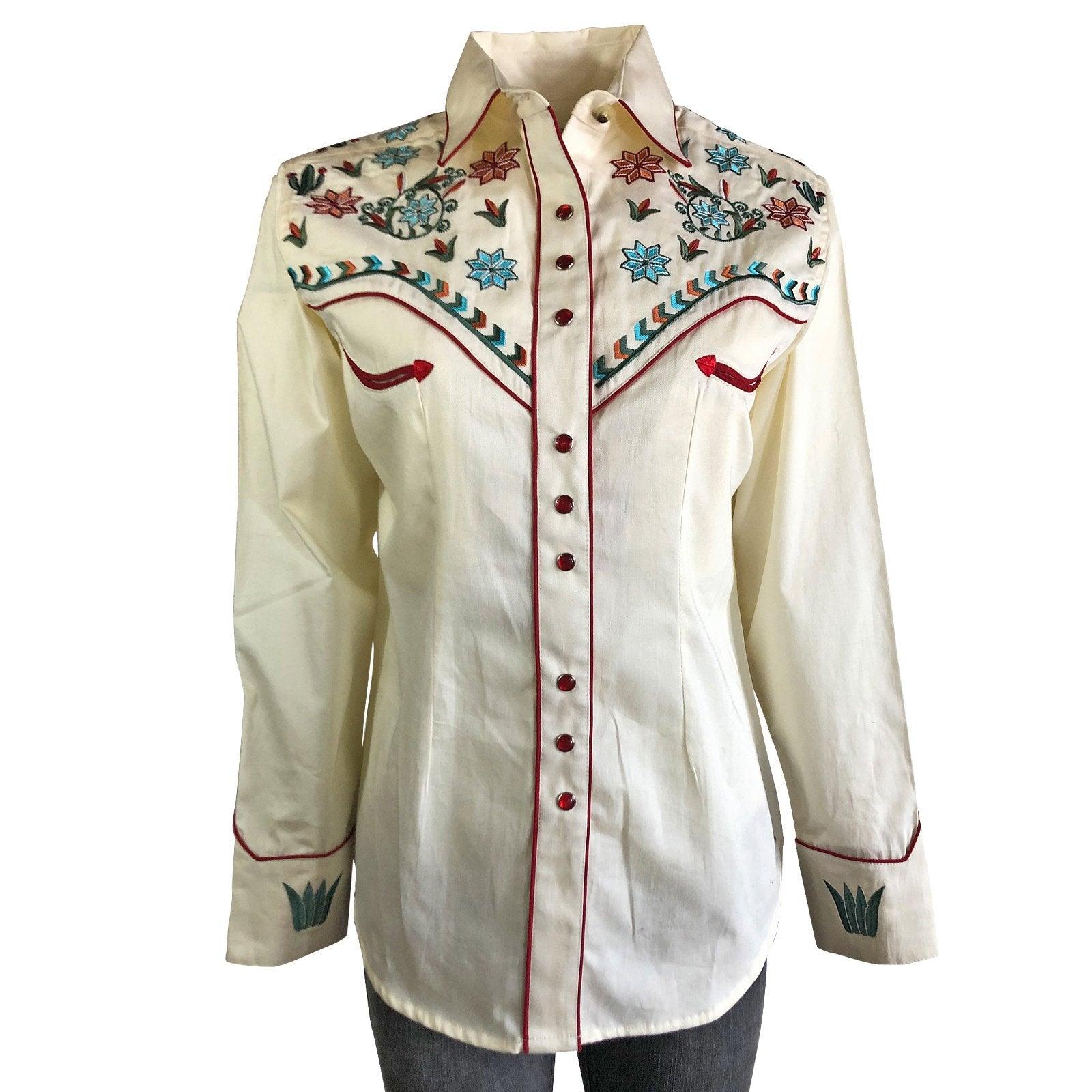 Women's Ivory Agave Cactus Floral Embroidery Western Shirt - Flyclothing LLC