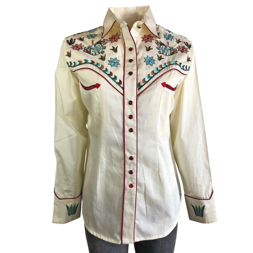 Women's Ivory Agave Cactus Floral Embroidery Western Shirt - Rockmount Clothing