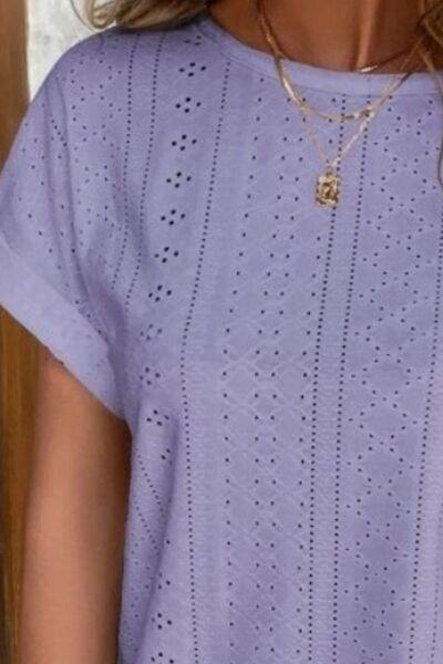 Eyelet Round Neck Short Sleeve T-Shirt - Trendsi