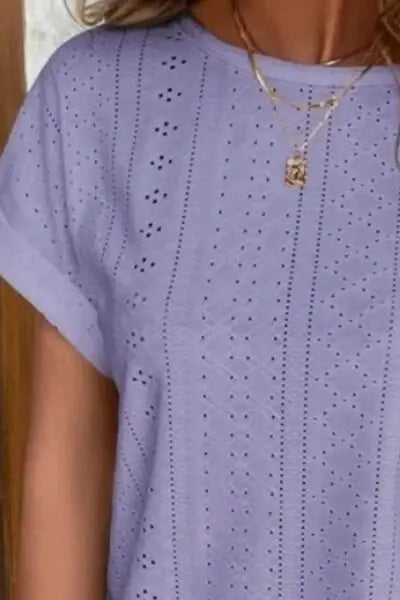 Eyelet Round Neck Short Sleeve T-Shirt - Trendsi - Flyclothing LLC