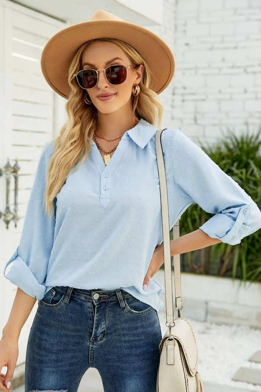 Swiss Dot Johnny Collar Blouse - Trendsi - Flyclothing LLC