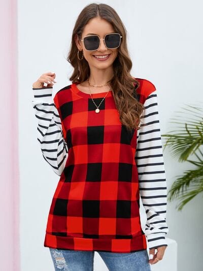 Plaid Striped Round Neck Long Sleeve T-Shirt - Trendsi
