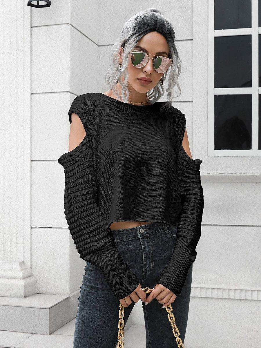 Cold-Shoulder Ribbed Trim Sweater - Trendsi - Flyclothing LLC