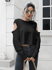 Cold-Shoulder Ribbed Trim Sweater - Trendsi