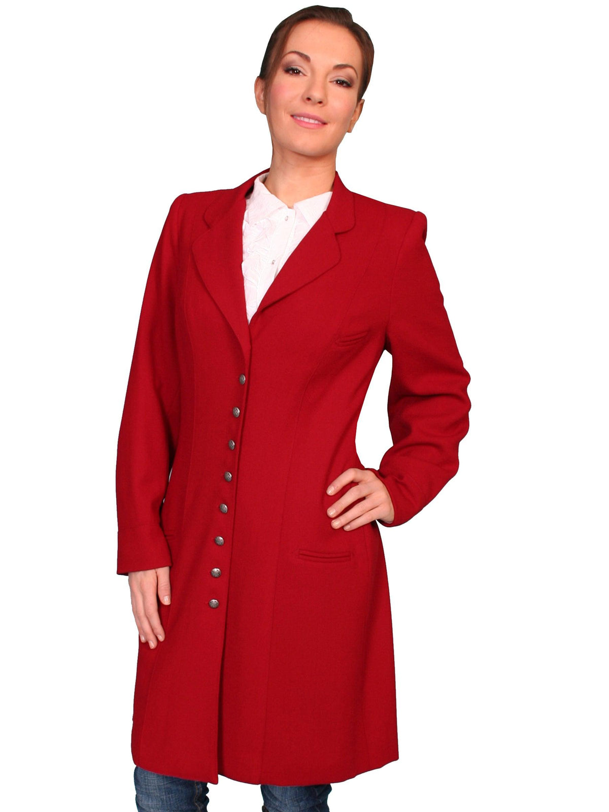 Scully DARK RED WOOL CREPE FROCK COAT - Flyclothing LLC