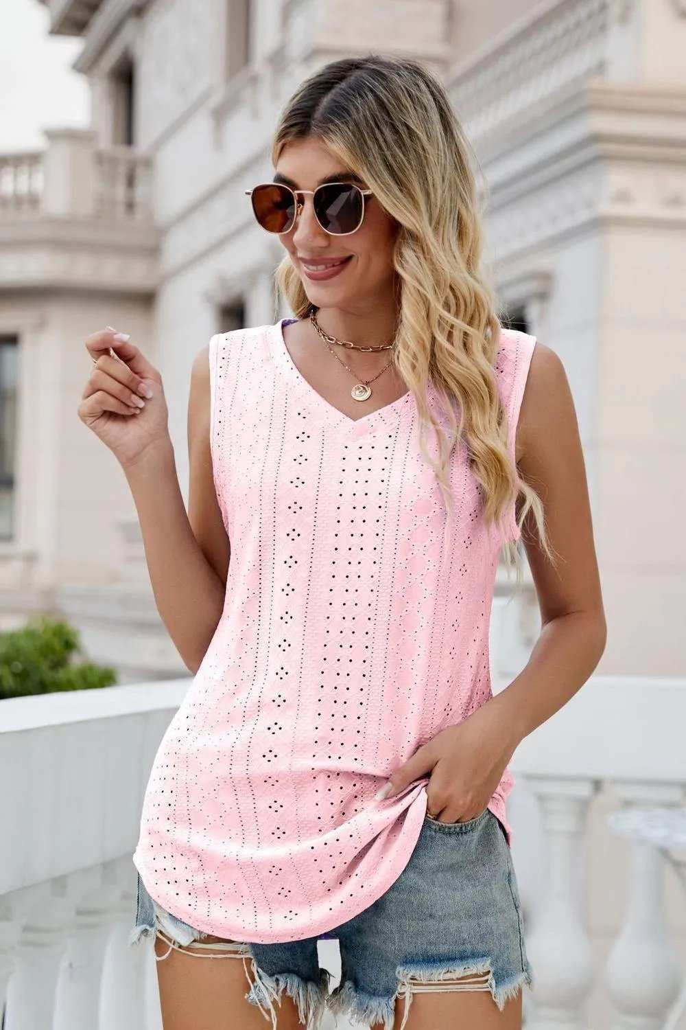 Eyelet V-Neck Tank - Trendsi - Flyclothing LLC