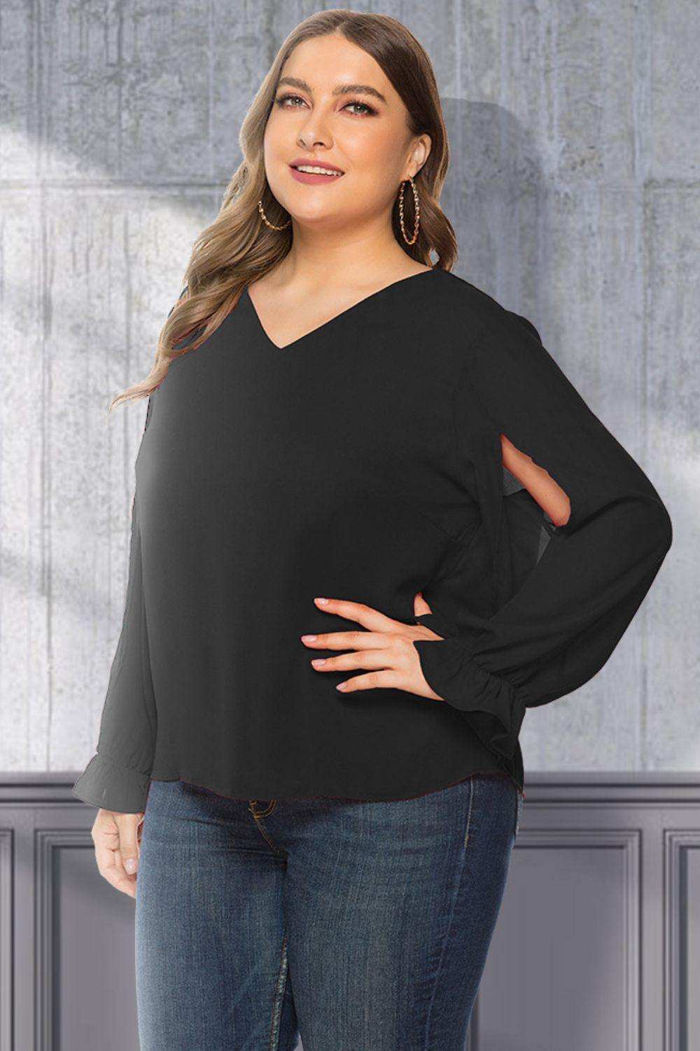 Plus Size Cutout Flounce Sleeve Blouse - Trendsi