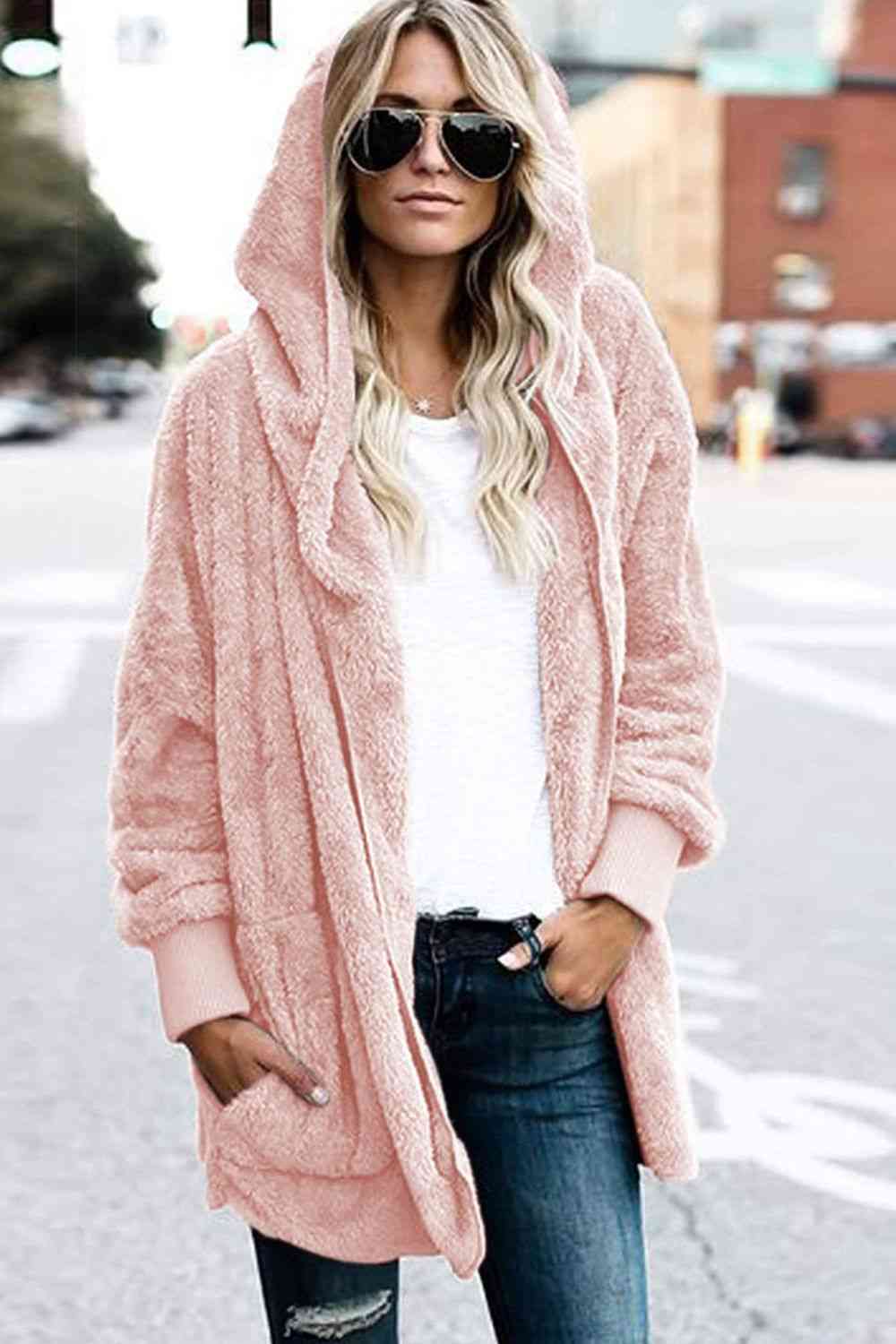 Teddy Hooded Jacket with Pockets - Trendsi - Flyclothing LLC