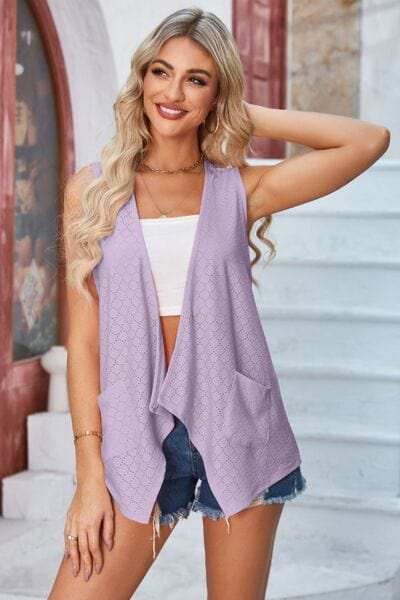 Eyelet Open Front Sleeveless Cardigan - Trendsi - Flyclothing LLC