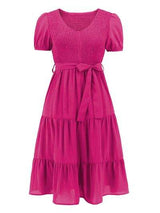 Smocked Tie Front Short Sleeve Tiered Dress - Trendsi - Flyclothing LLC