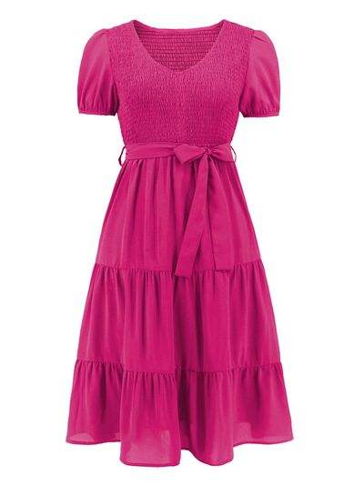 Smocked Tie Front Short Sleeve Tiered Dress - Trendsi - Flyclothing LLC