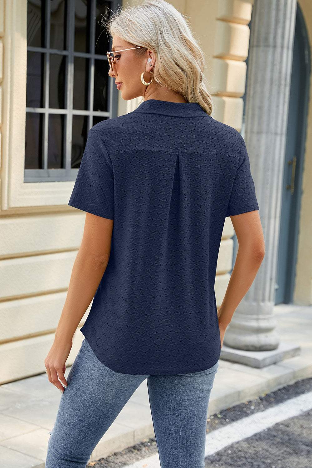 Pocketed Johnny Collar Short Sleeve Blouse - Trendsi - Flyclothing LLC