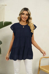 Swiss Dot Round Neck Tiered Blouse - Trendsi - Flyclothing LLC