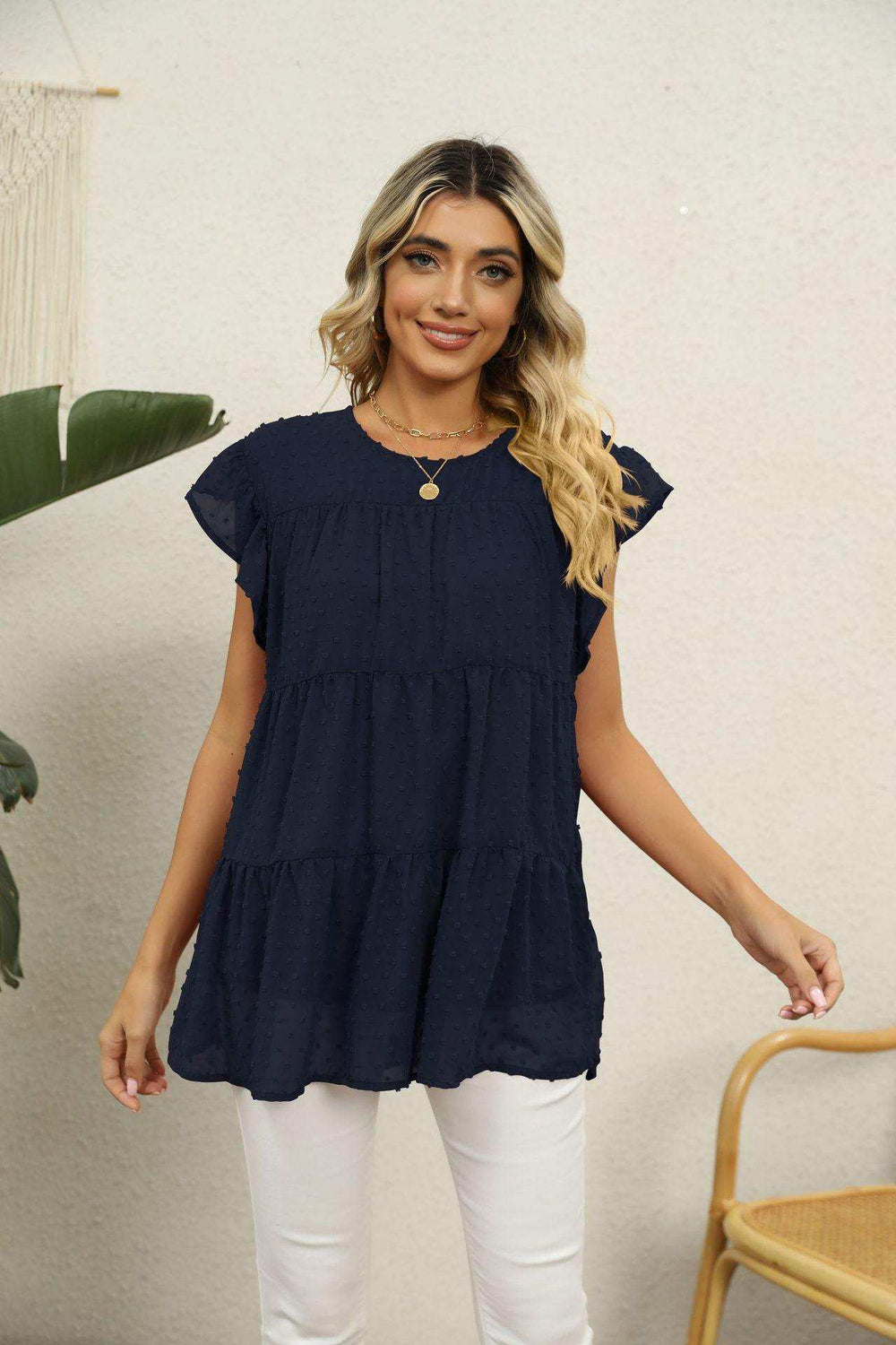 Swiss Dot Round Neck Tiered Blouse - Trendsi - Flyclothing LLC