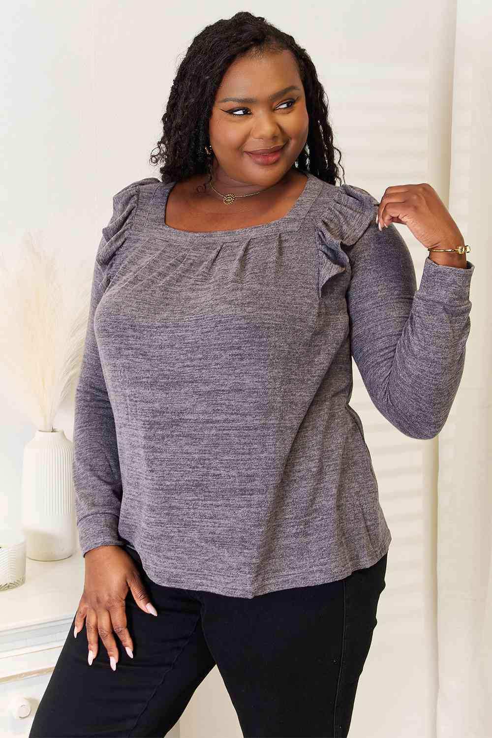 Double Take Square Neck Ruffle Shoulder Long Sleeve T-Shirt - Trendsi - Flyclothing LLC