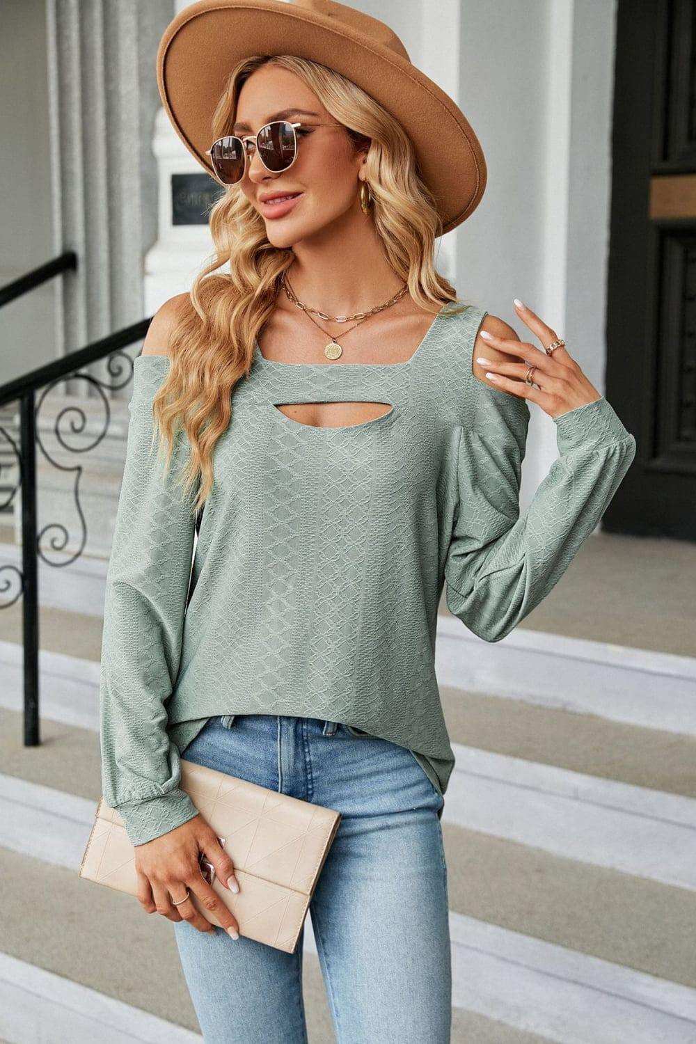 Cold Shoulder Square Neck Cutout Blouse - Trendsi - Flyclothing LLC