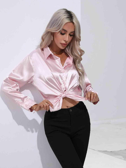 Collared Neck Buttoned Long Sleeve Shirt - Trendsi