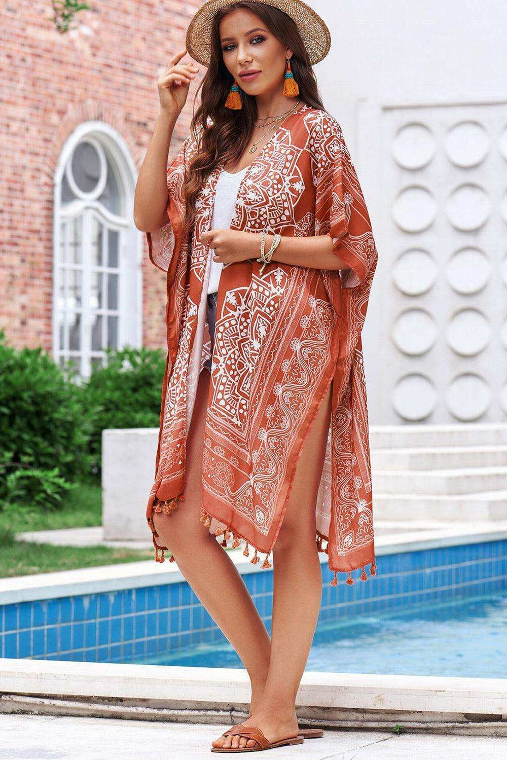 Printed Tassel Trim Open Front Cardigan - Trendsi - Flyclothing LLC