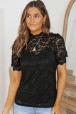 Lace Scalloped Short Puff Sleeve Top - Trendsi