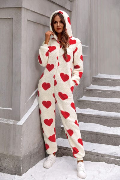 Fuzzy Heart Zip Up Hooded Lounge Jumpsuit - Trendsi