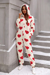 Fuzzy Heart Zip Up Hooded Lounge Jumpsuit - Trendsi