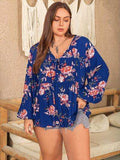 Plus Size Printed Tie Neck Balloon Sleeve Blouse - Trendsi - Flyclothing LLC