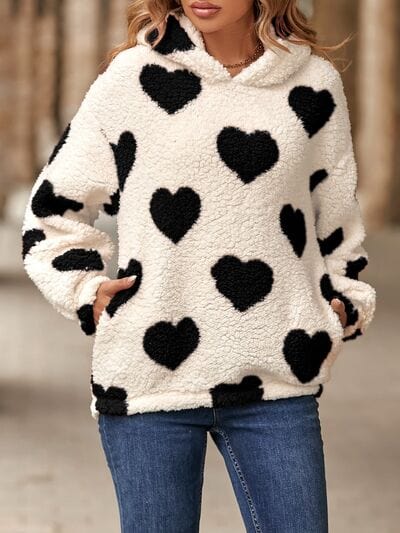 Fuzzy Heart Pocketed Dropped Shoulder Hoodie - Trendsi