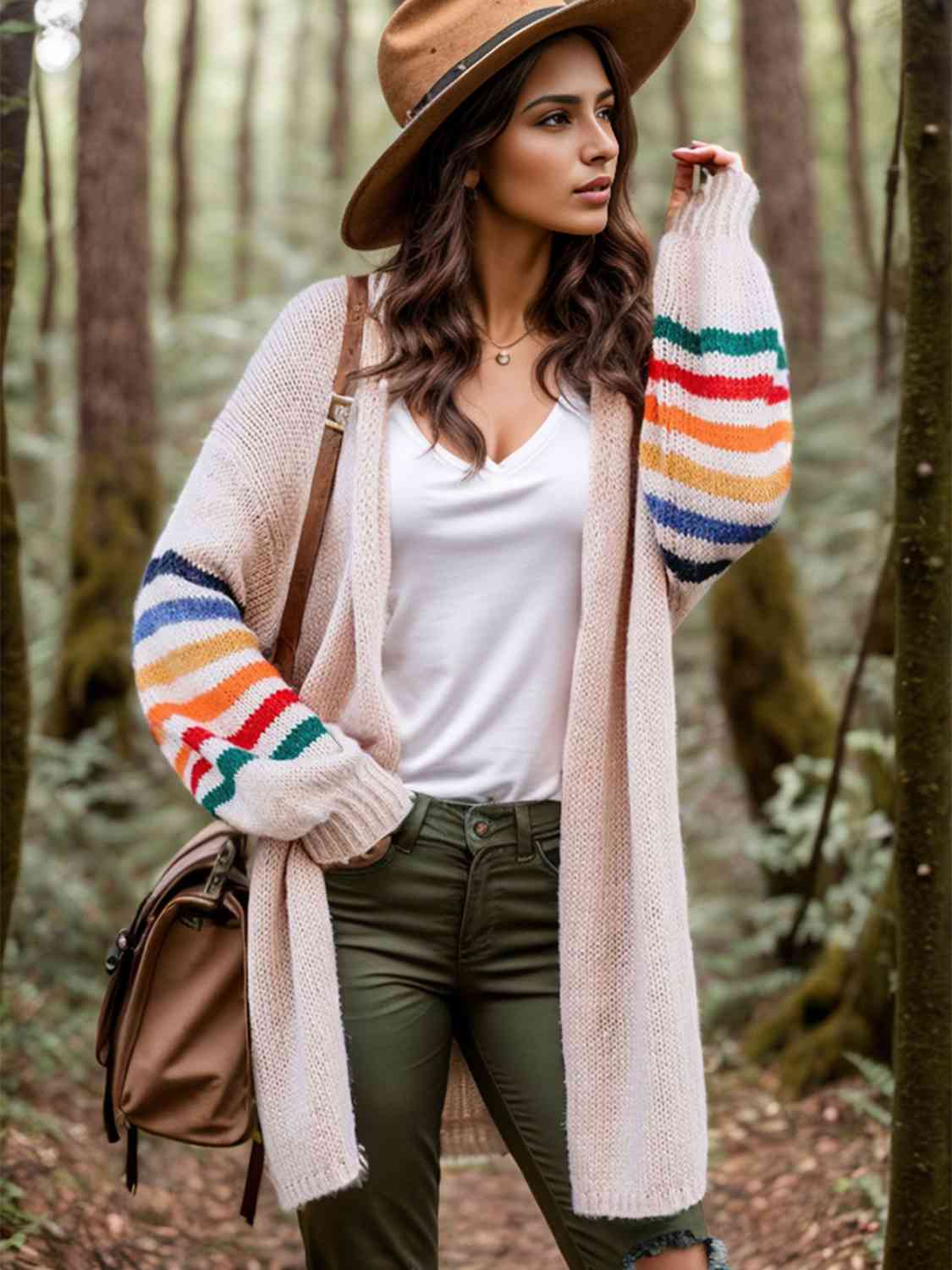 Striped Open Front Long Sleeve Cardigan - Trendsi - Flyclothing LLC