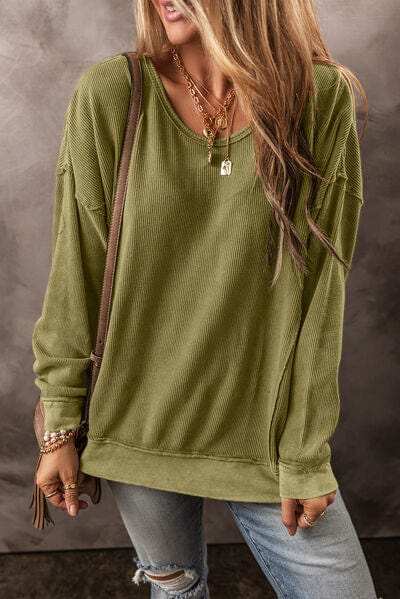 Round Neck Dropped Shoulder Sweatshirt - Trendsi - Flyclothing LLC