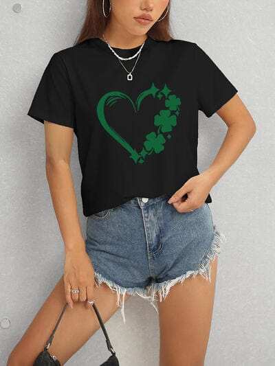 Heart Lucky Clover Round Neck Short Sleeve T-Shirt - Trendsi - Flyclothing LLC