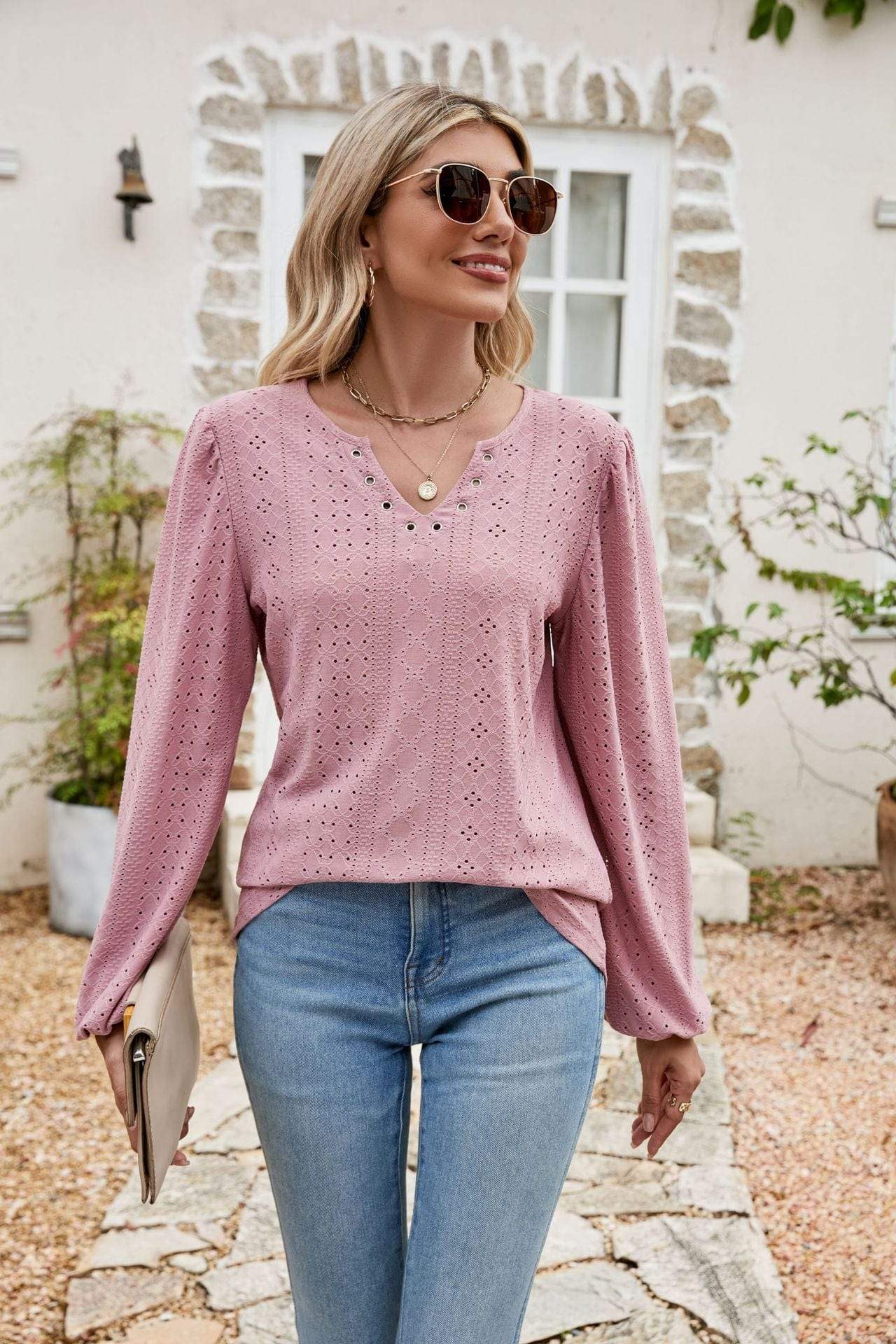 Eyelet Notched Neck Balloon Sleeve Blouse - Trendsi - Flyclothing LLC