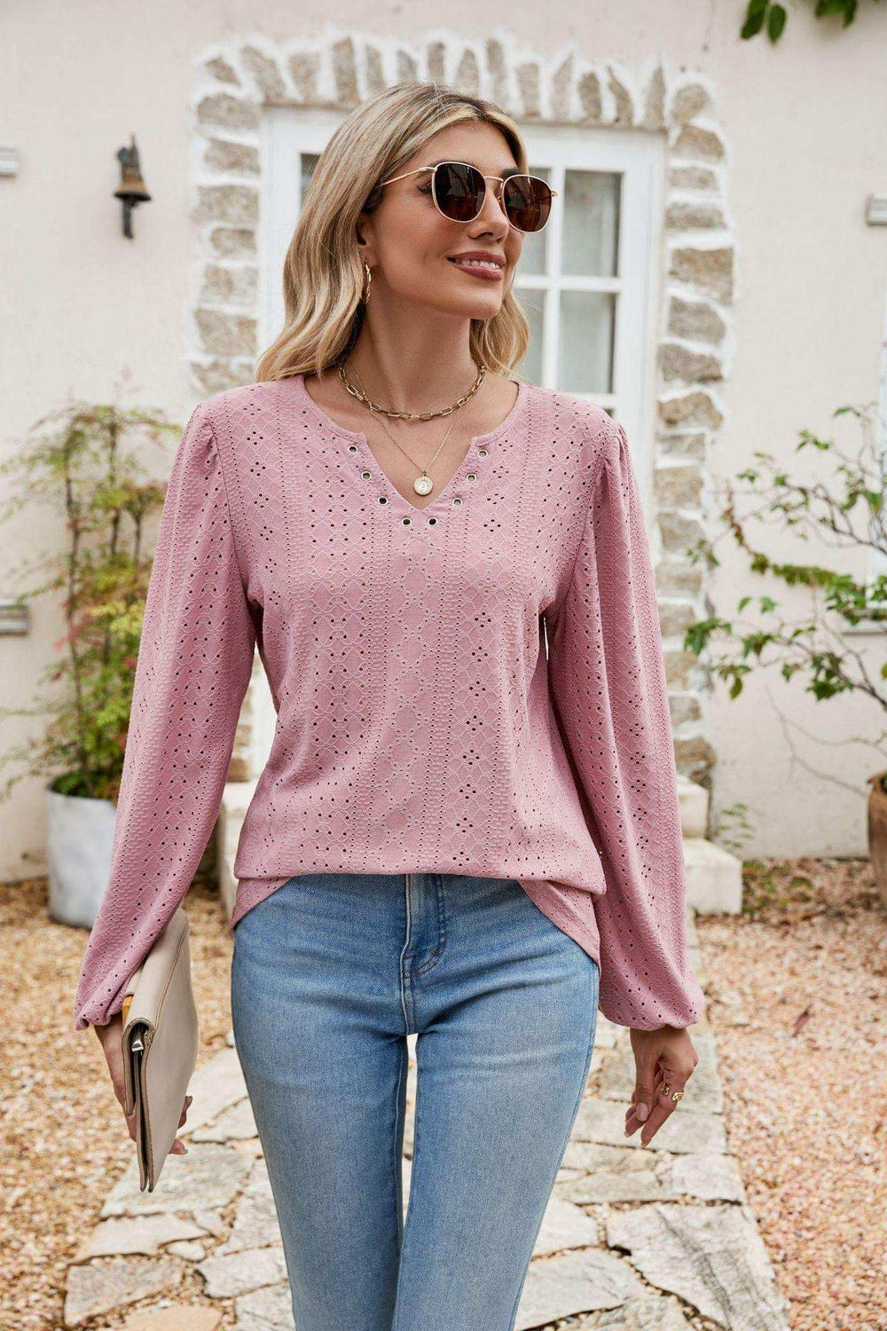 Eyelet Notched Neck Balloon Sleeve Blouse - Trendsi - Flyclothing LLC