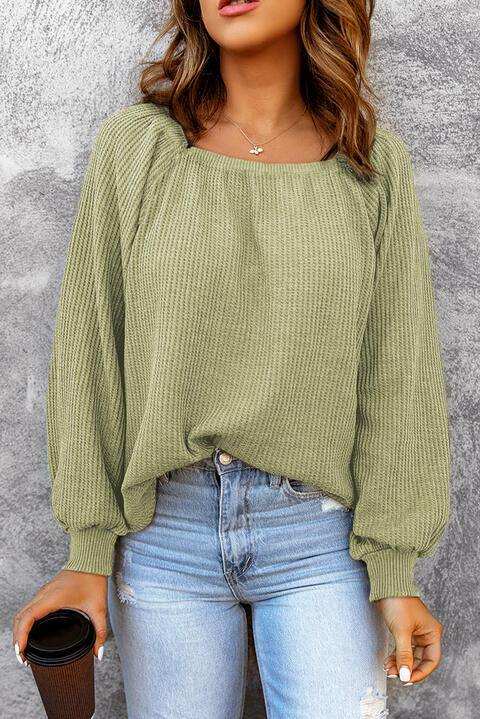 Square Neck Waffle-Knit Top - Trendsi - Flyclothing LLC
