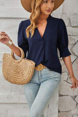 Notched Half Sleeve T-Shirt - Trendsi - Flyclothing LLC