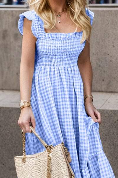 Full Size Smocked Ruffled Plaid Ruffle Hem Dress - Trendsi - Flyclothing LLC