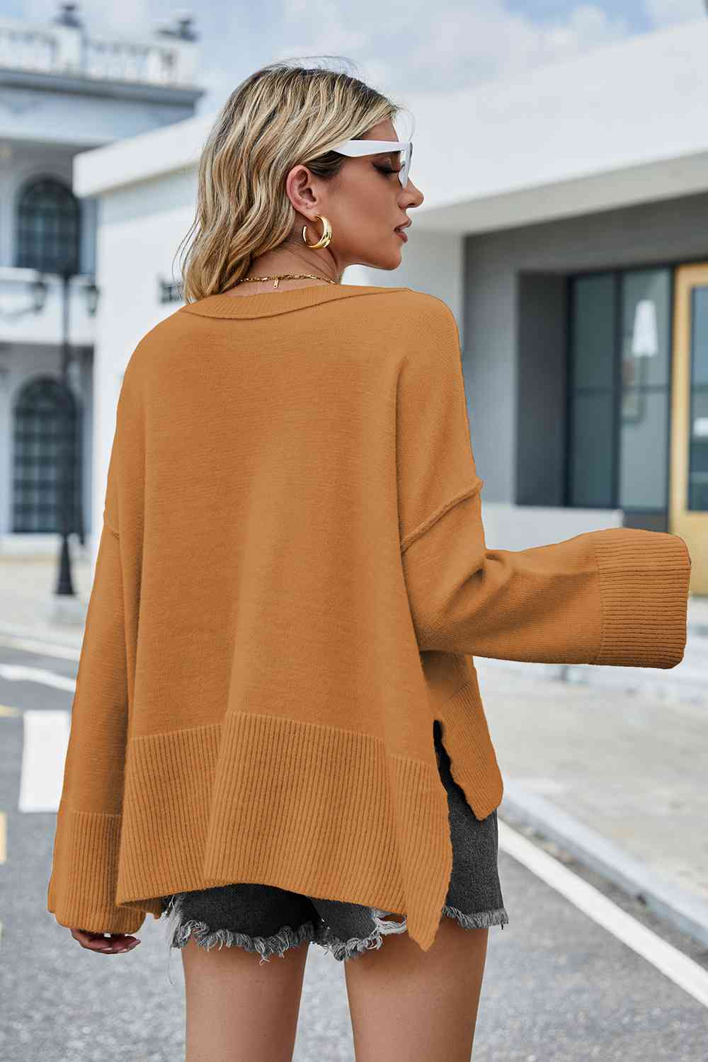 Round Neck Dropped Shoulder Slit Sweater - Trendsi - Flyclothing LLC