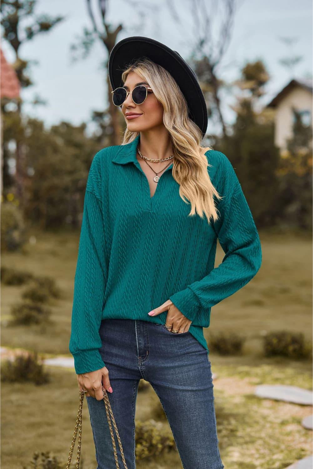 Collared Neck Cable-Knit Long Sleeve Blouse - Trendsi