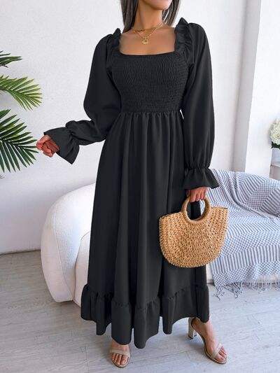 Smocked Square Neck Flounce Sleeve Dress - Trendsi - Flyclothing LLC
