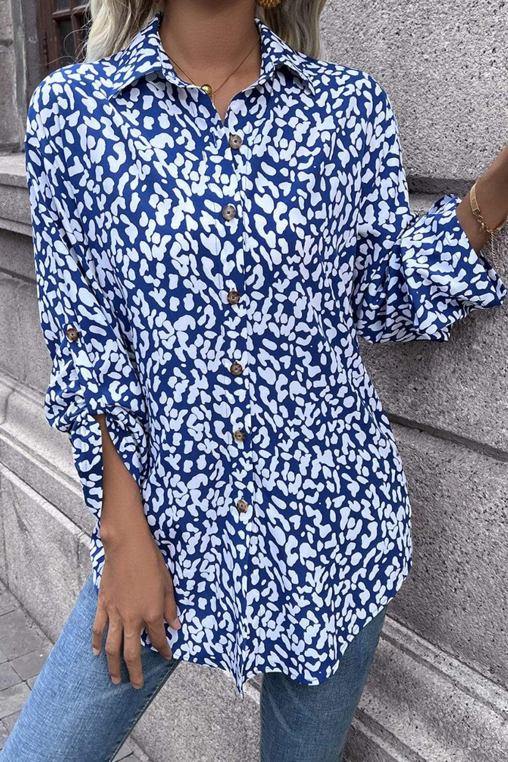 Leopard Roll-Tap Sleeve Shirt - Trendsi - Flyclothing LLC
