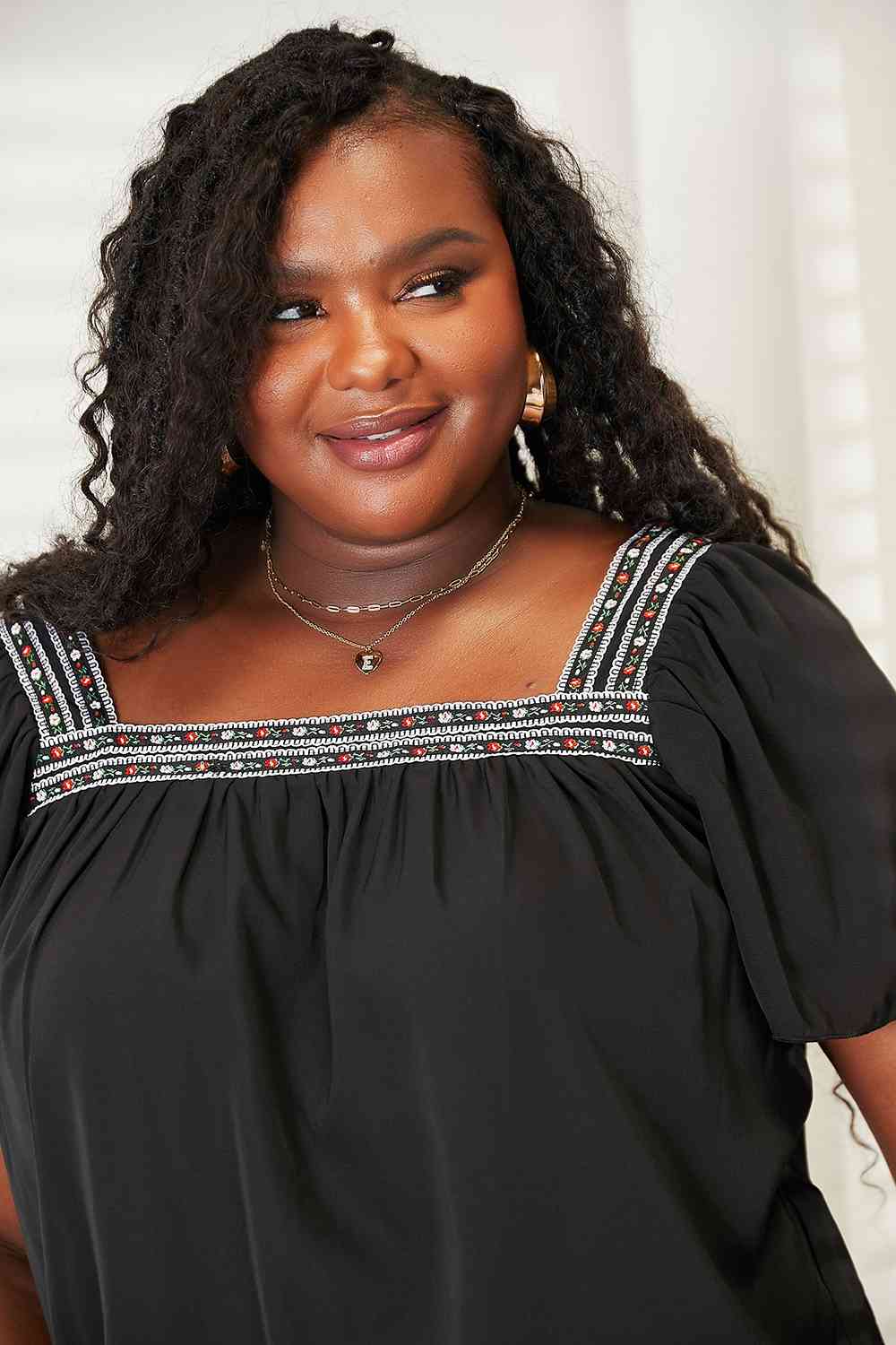 Double Take Contrast Square Neck Puff Sleeve Blouse - Trendsi - Flyclothing LLC