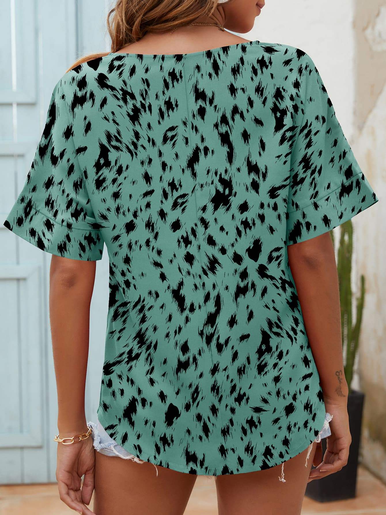 Printed Notched Neck Half Sleeve Blouse - Trendsi - Flyclothing LLC