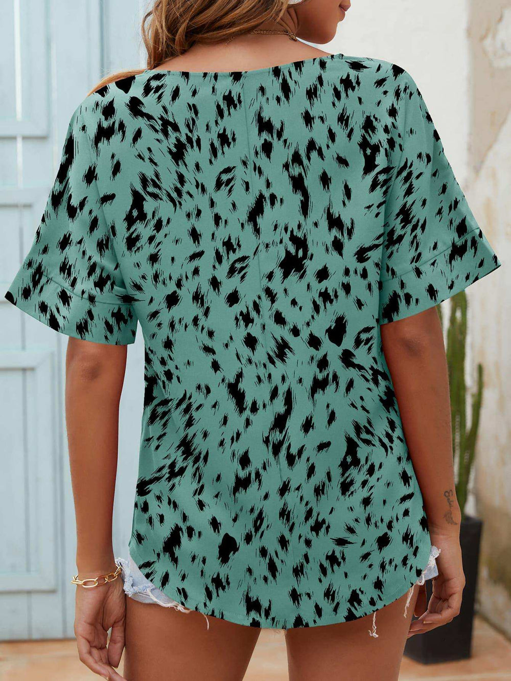 Printed Notched Neck Half Sleeve Blouse - Trendsi - Flyclothing LLC