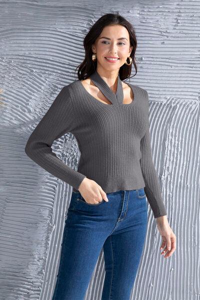 Halter Neck Long Sleeve Sweater - Trendsi