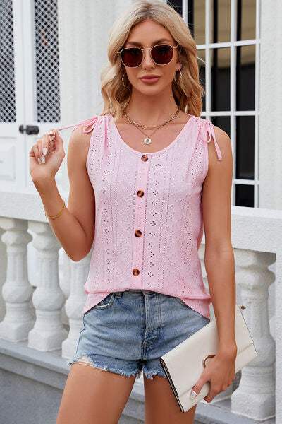 Eyelet Round Neck Wide Strap Tank - Trendsi - Flyclothing LLC