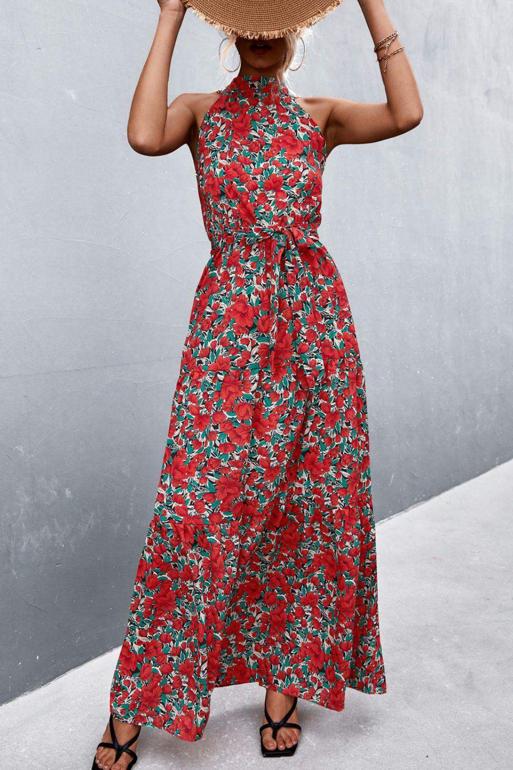 Printed Sleeveless Tie Waist Maxi Dress - Trendsi - Flyclothing LLC